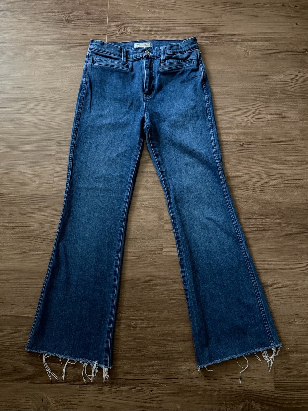 Madewell Flea Market Flare Jeans 28 Blue Raw Hem Stretch Denim